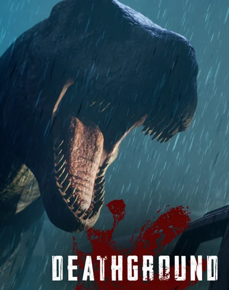 A tyranosaurus hovers menecingly over a stalled car underneath which is the name Deathground