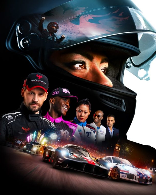 A composite image with a racer in a dar helmet in the back top third of the image, several car racers line up in the midground and several racecars mid racec are coming towatd the viewer'