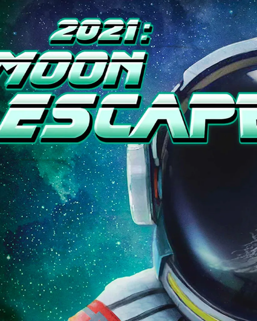 A space helmet taking half the right side of the image with the words '2021: Moon Escape' taking up the left half of the image